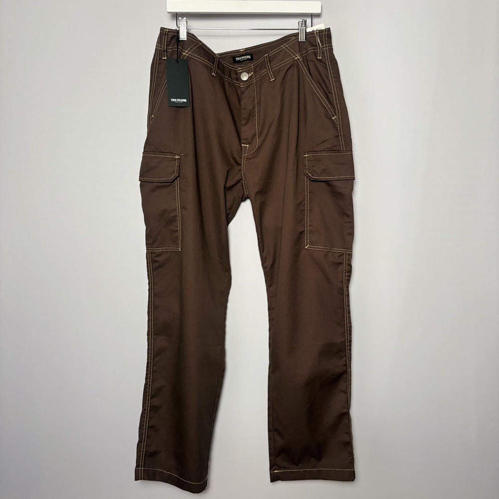 True Religion Mens Cargo SN Pant HS Outline Bracken Brown 34x32 Contrast Stitch